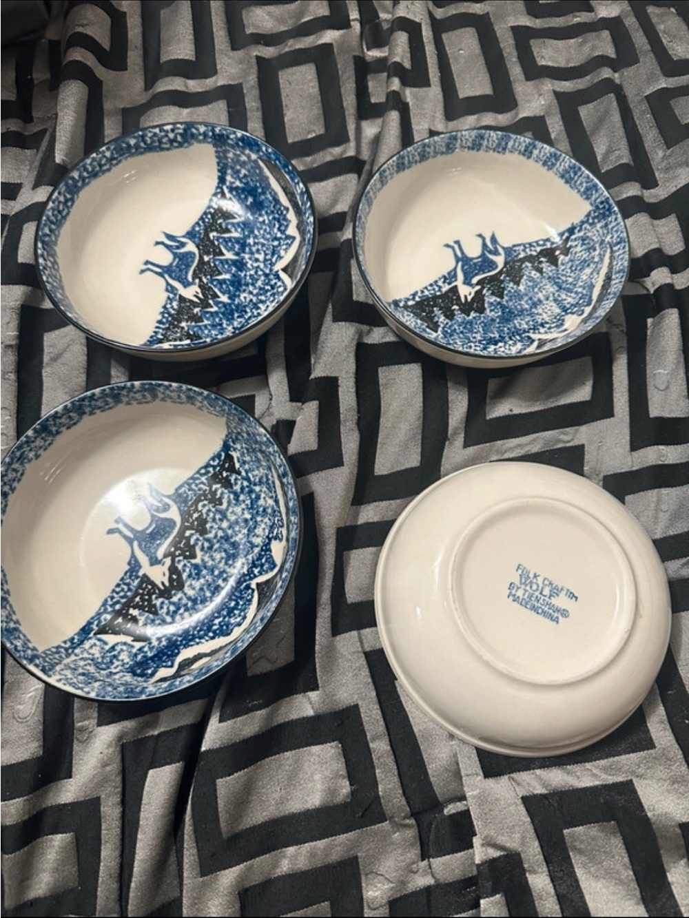 Tienshan Folk Craft Wolf Bowls Set of 4 — Blue Spatterware Cabin Lodge —